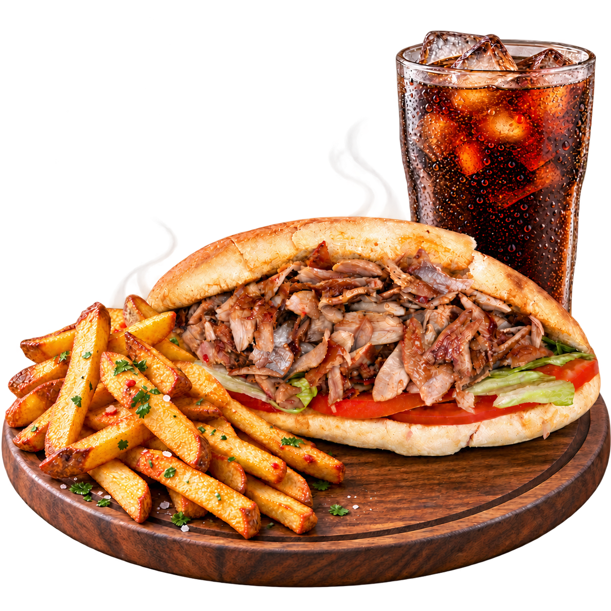 Sandwich kebab accompagné de frites et d’une boisson